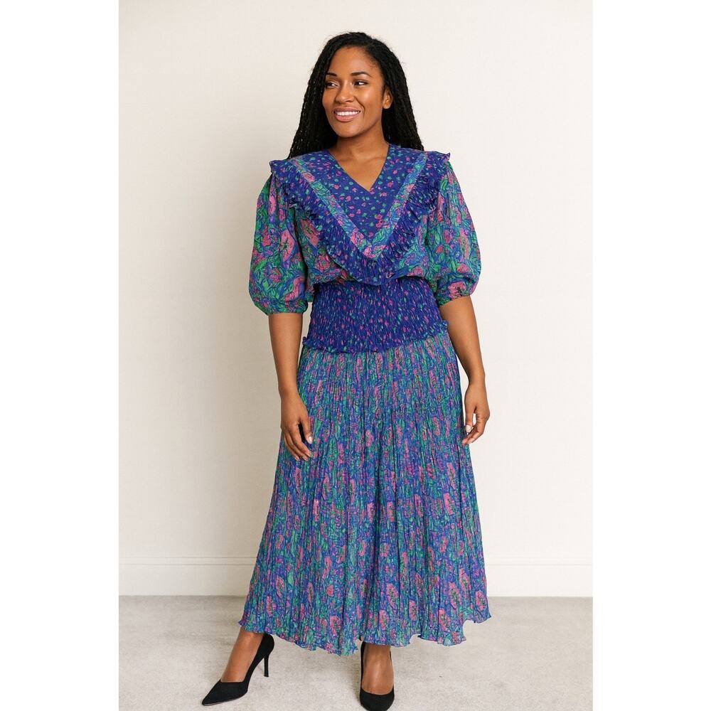 Susan Freis Vntg Blue Pink Green Floral Ruffled Pleated Med Top/Skirt Pulitzer